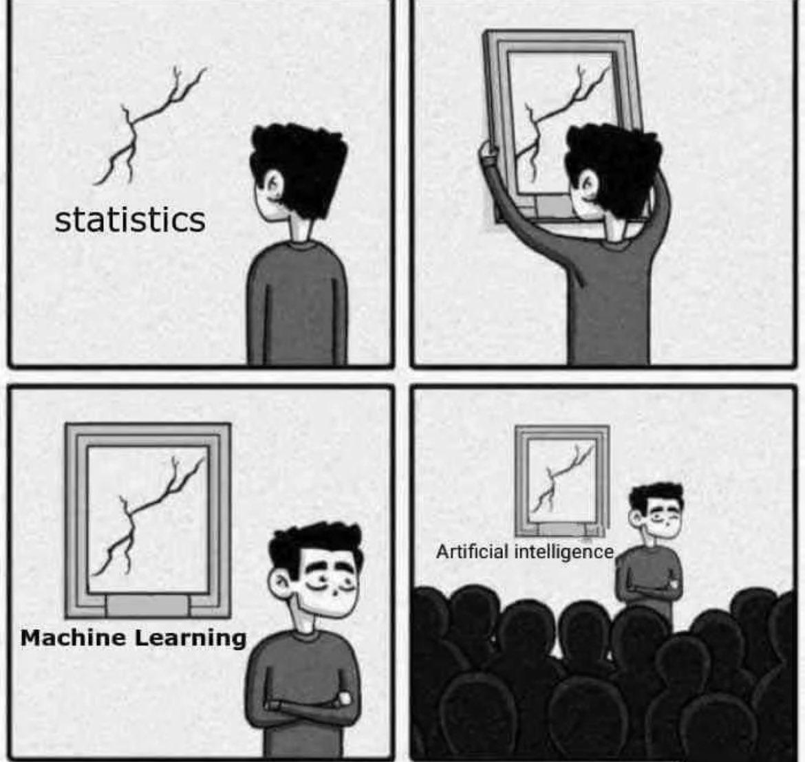 Four-panel meme showing the evolution from statistics to machine learning to AI, depicting the same core concepts with increasingly elaborate presentations